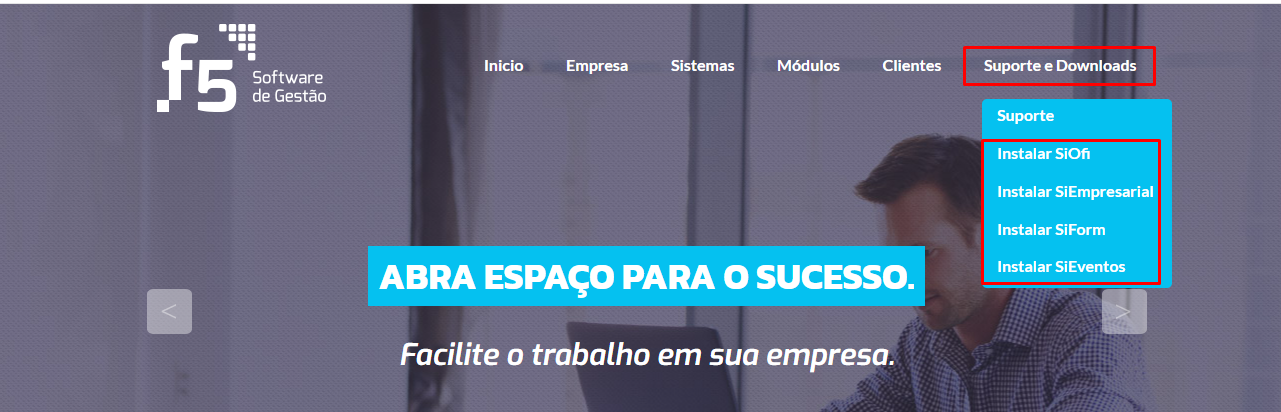 Menu Suporte e Downloads com as opções de instalação