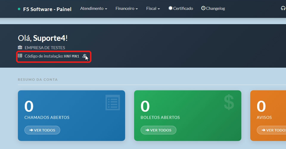 Código de instalação na tela inicial do Painel