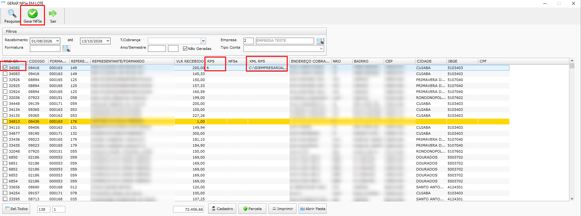 Número interno e caminho do XML na grade