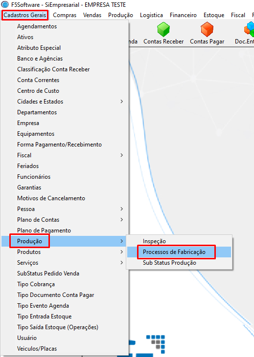 Caminho do menu até Processos de Fabricação
