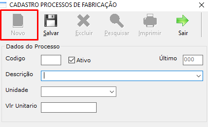 Campos do cadastro após clicar em Novo
