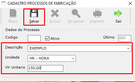 Exemplo fictício de Processo de Fabricação preenchido