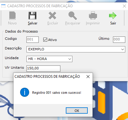 Confirmação da inclusão do Processo de Fabricação